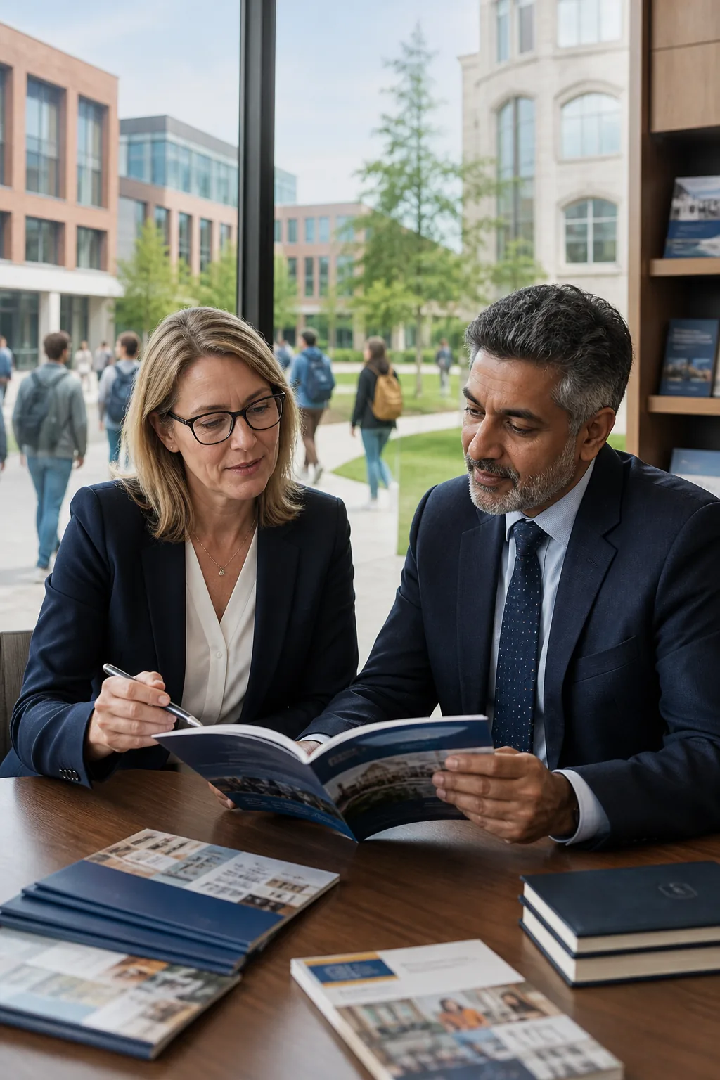 Institute admissions and partnership staff reviewing programme information on campus