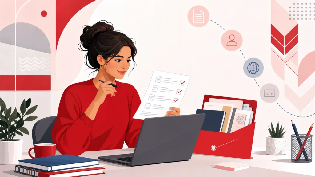 Editorial illustration of an international student reviewing the Caucasus International University application process