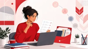 Editorial illustration of an international student reviewing the Caucasus International University application process
