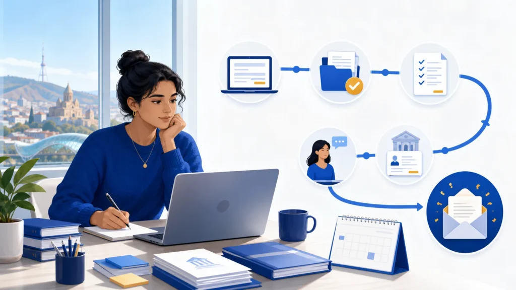 Illustration of an international student following a university application journey in Georgia