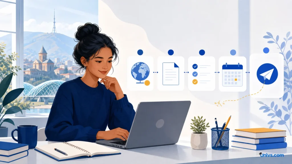 Illustration of an international student organising university application steps on a laptop with a checklist and calendar