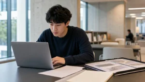 Realistic editorial image of an international student reviewing an academic CV on a laptop with organised evidence notes
