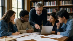 Realistic editorial image of diverse university students reviewing citations and original coursework with a lecturer in a library