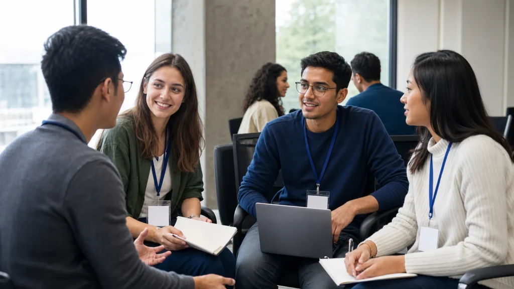 Realistic editorial photograph of international students exchanging ideas at a generic academic workshop in Tbilisi