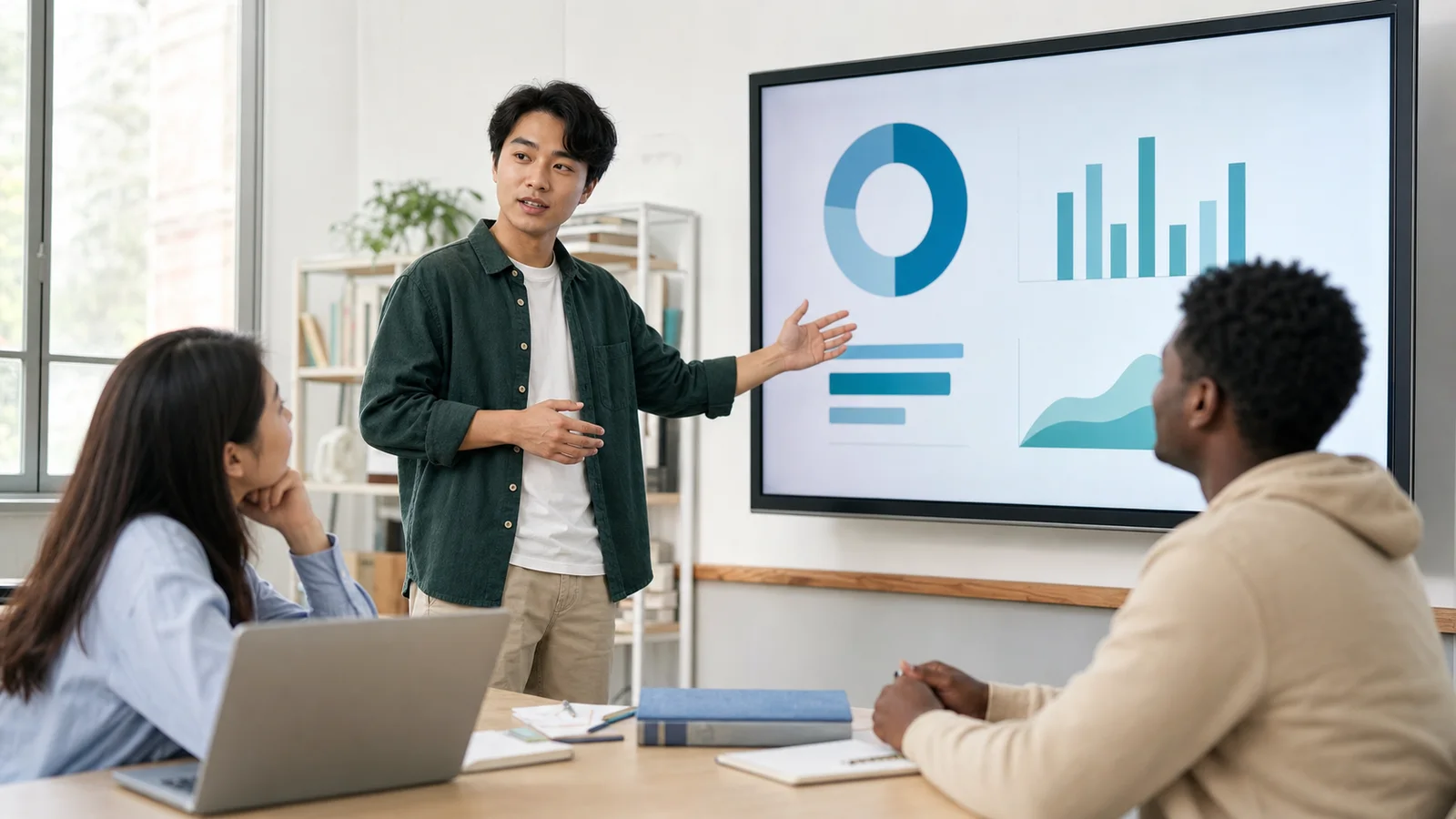 Realistic editorial photograph of an international student rehearsing an academic presentation in a university study room