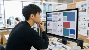 Realistic editorial photograph of an international student reviewing an academic research poster layout on a large monitor