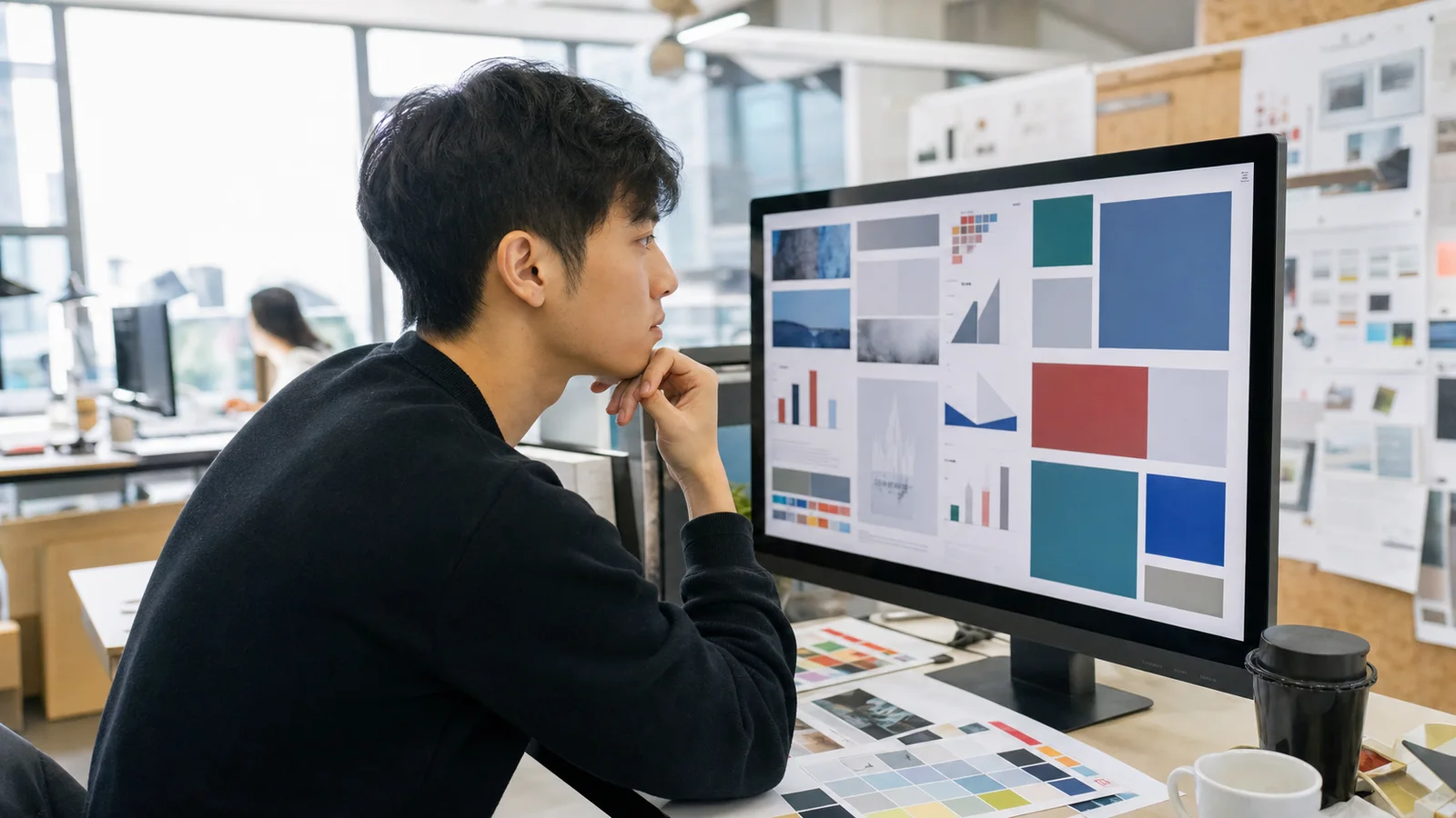 Realistic editorial photograph of an international student reviewing an academic research poster layout on a large monitor