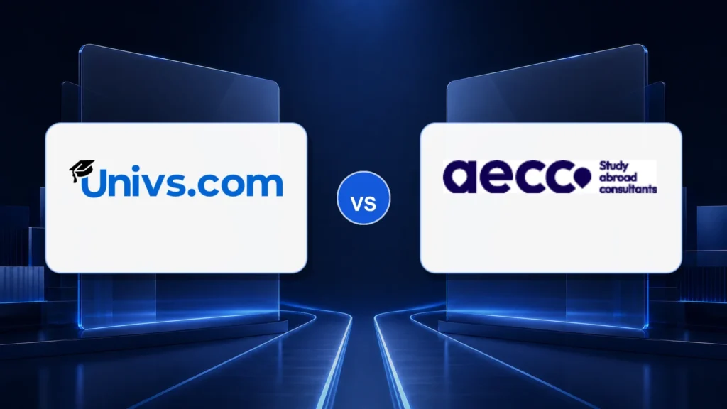 Univs.com logo versus the AECC logo on a dark blue comparison background