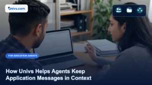 Realistic editorial photograph of a fictional education agent and adult student reviewing an unreadable application message draft with the exact Univs brand mark and an audience-specific editorial icon panel.