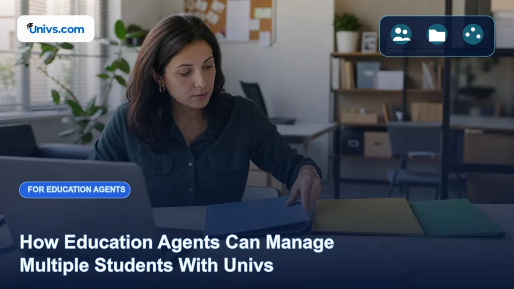 Realistic editorial photograph of a fictional education agent organising several blank student application folders beside a laptop with the exact Univs brand mark and an audience-specific editorial icon panel.