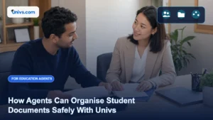 Realistic editorial photograph of a fictional education agent and adult student sorting blank document dividers safely with the exact Univs brand mark and an audience-specific editorial icon panel.