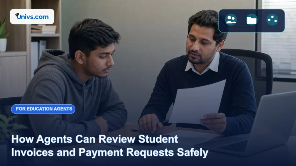 Realistic editorial photograph of a fictional education agent and adult student checking a blank invoice with a calculator with the exact Univs brand mark and an audience-specific editorial icon panel.