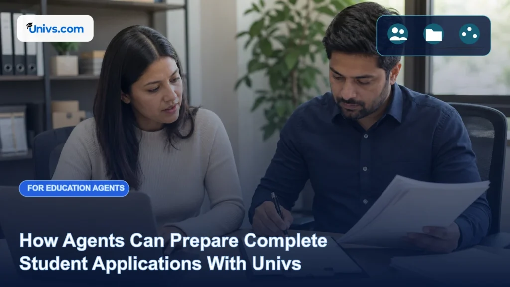 Realistic editorial photograph of a fictional education agent and adult student reviewing a blank application checklist with the exact Univs brand mark and an audience-specific editorial icon panel.