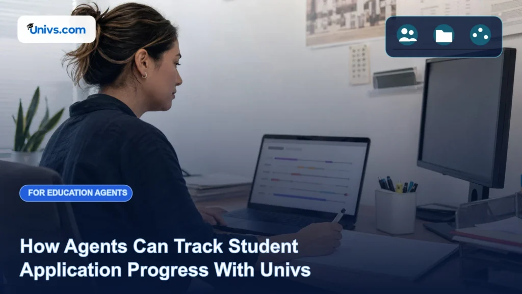 Realistic editorial photograph of a fictional education agent reviewing an unreadable application timeline and blank calendar with the exact Univs brand mark and an audience-specific editorial icon panel.