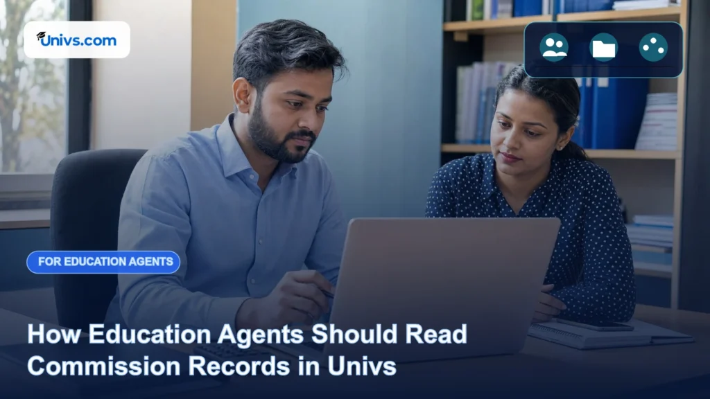 Realistic editorial photograph of fictional education agency colleagues reviewing an unreadable commission ledger responsibly with the exact Univs brand mark and an audience-specific editorial icon panel.