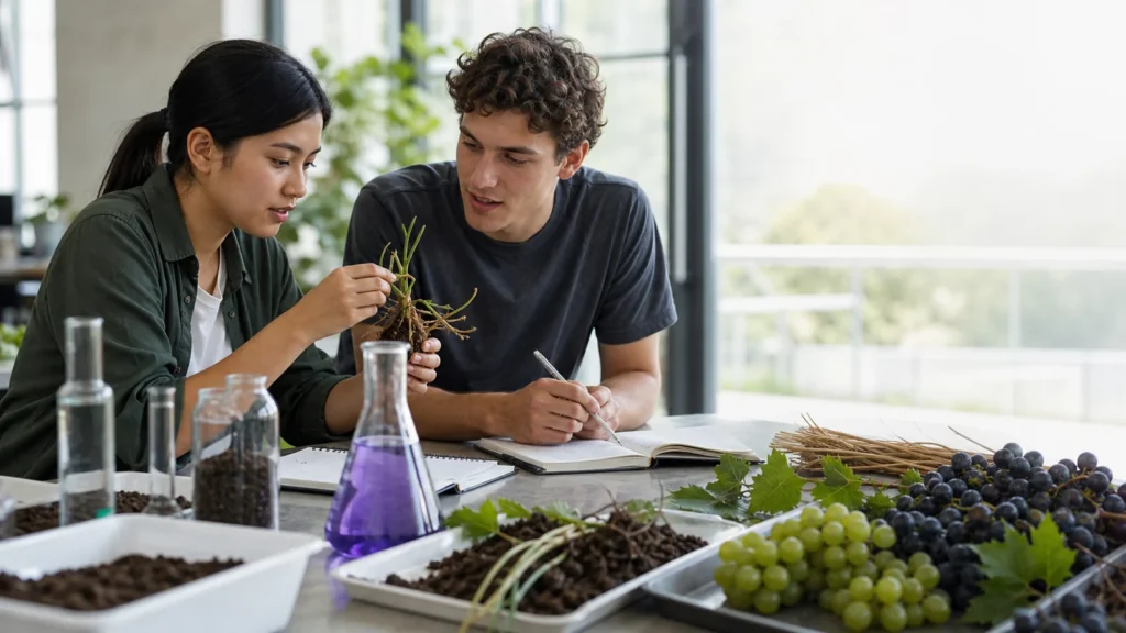 Realistic editorial photograph of agricultural students comparing agronomy and viticulture and enology