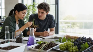Realistic editorial photograph of agricultural students comparing agronomy and viticulture and enology