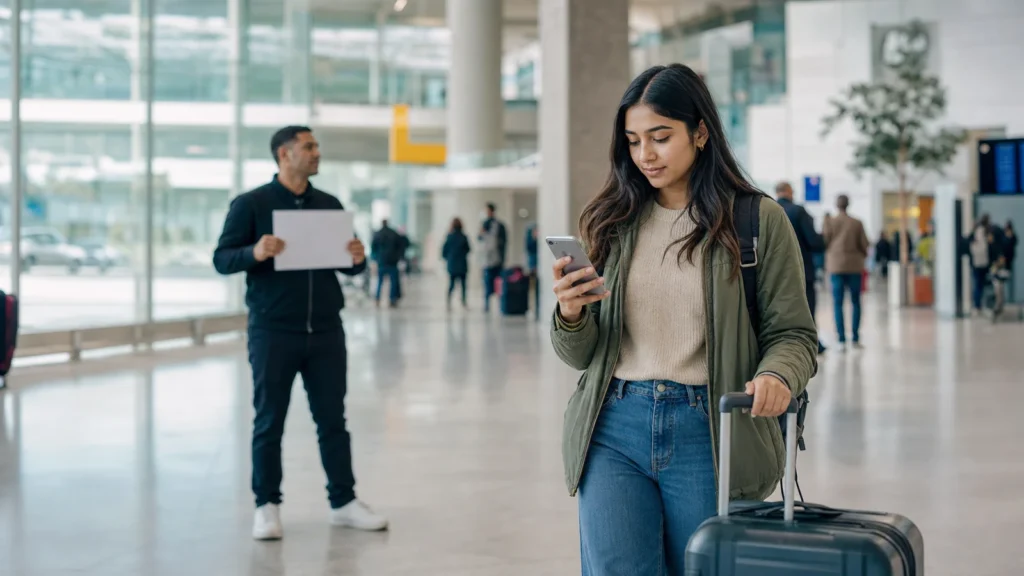 Realistic editorial image of an international student verifying pickup details before leaving a generic airport arrivals area