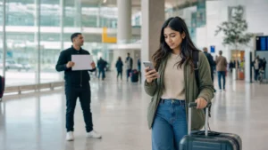 Realistic editorial image of an international student verifying pickup details before leaving a generic airport arrivals area