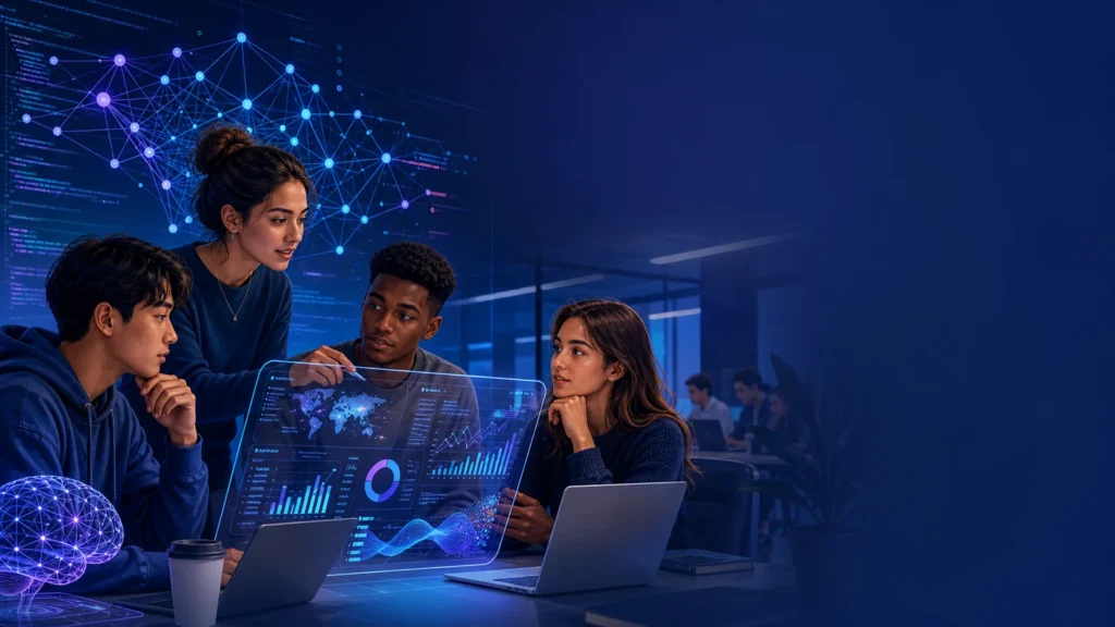 Editorial illustration of international students analysing data and responsible artificial intelligence systems