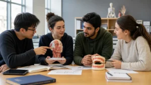 Realistic editorial photograph of international students comparing Alte University and Tbilisi State Medical University study options