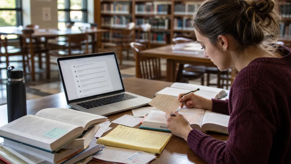 Realistic editorial photograph of a university student creating an annotated bibliography from books and journal sources