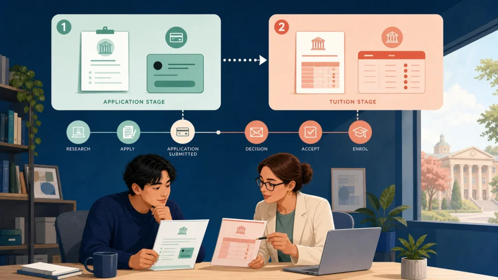 Editorial illustration of a student and adviser comparing separate university application-fee and tuition-payment stages