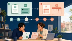 Editorial illustration of a student and adviser comparing separate university application-fee and tuition-payment stages