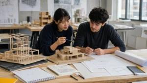 Realistic editorial photograph of students comparing architecture and civil engineering projects