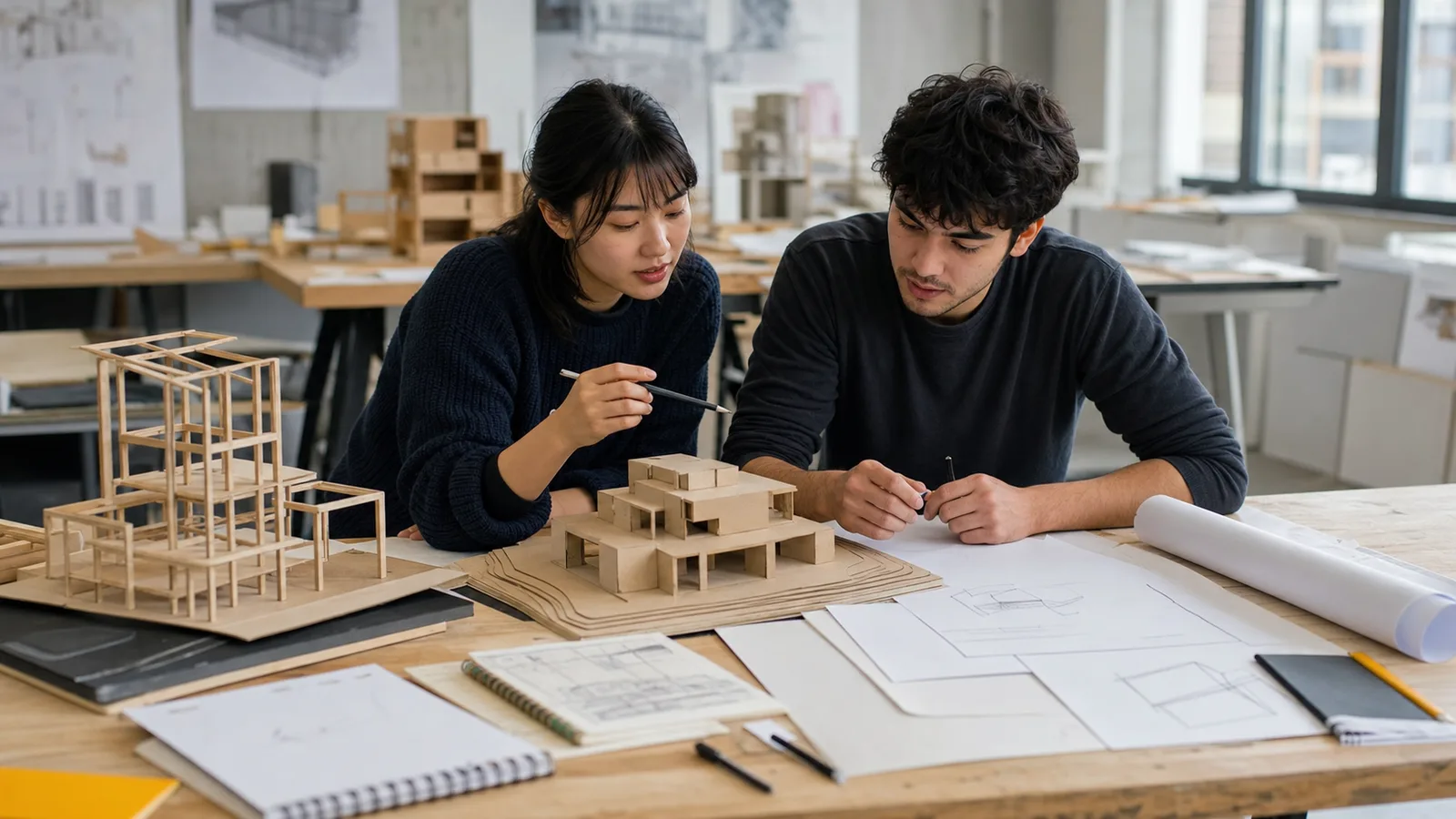 Realistic editorial photograph of students comparing architecture and civil engineering projects