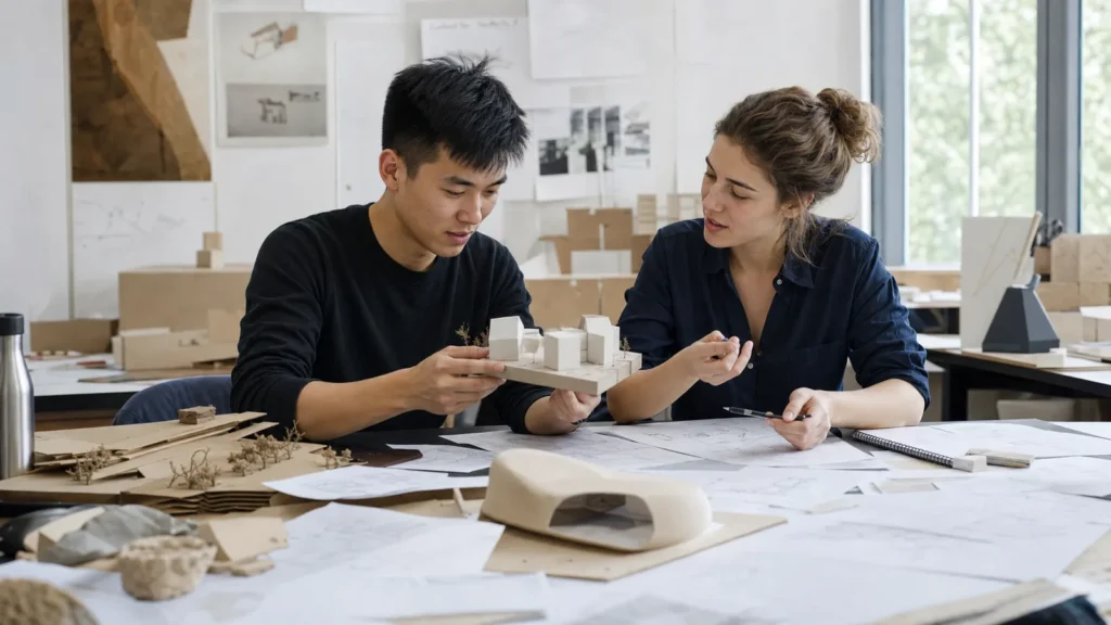 Realistic editorial photograph of students comparing architecture and design studio projects