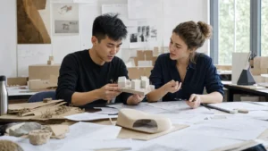 Realistic editorial photograph of students comparing architecture and design studio projects