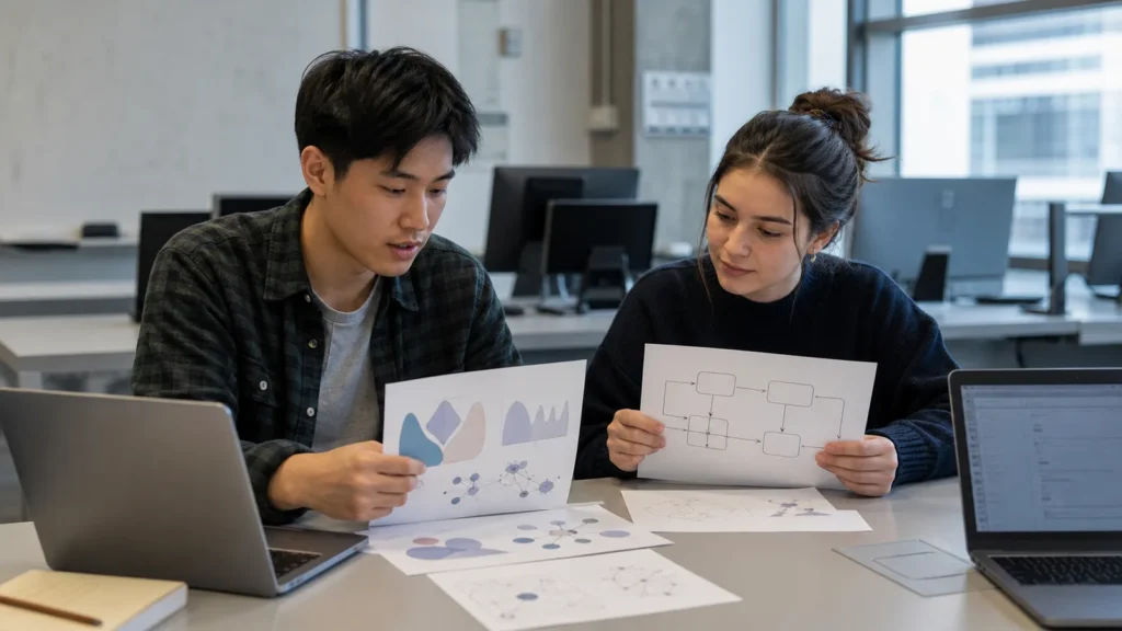 Realistic editorial photograph of students comparing artificial intelligence and data science degree work