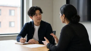 Realistic editorial photograph of a new graduate discussing constructive feedback with a workplace supervisor