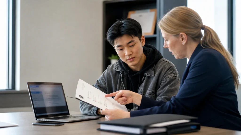 Realistic editorial image of a student and adviser checking an application route and suspicious payment request using a safety checklist