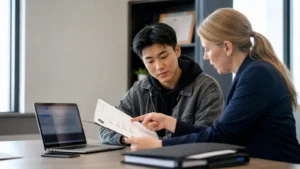 Realistic editorial image of a student and adviser checking an application route and suspicious payment request using a safety checklist