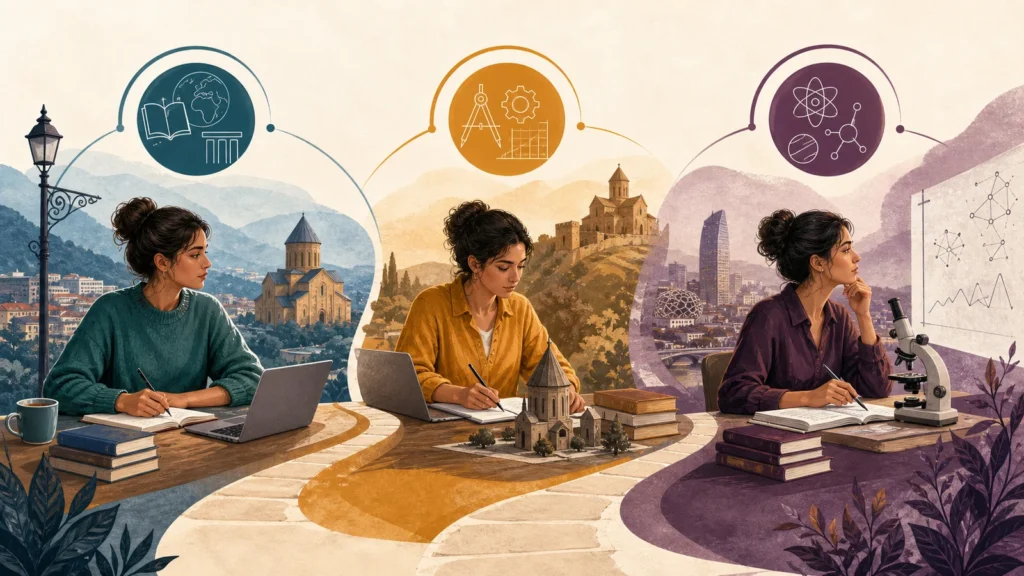 Editorial illustration showing one learner progressing through bachelor's, master's and doctoral study stages in Georgia