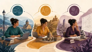 Editorial illustration showing one learner progressing through bachelor's, master's and doctoral study stages in Georgia