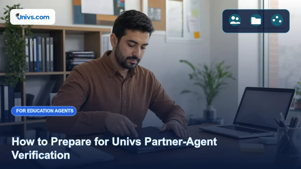 Realistic editorial photograph of a fictional education agency owner preparing blank business documents for partner onboarding with the exact Univs brand mark and an audience-specific editorial icon panel.