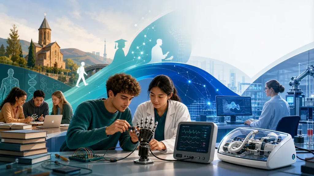 Editorial illustration of biomedical engineering students testing a prosthetic hand sensor and biosignal monitor