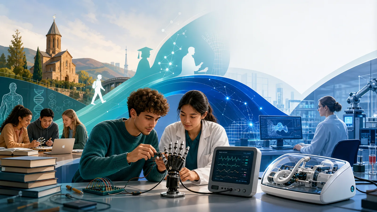 Editorial illustration of biomedical engineering students testing a prosthetic hand sensor and biosignal monitor