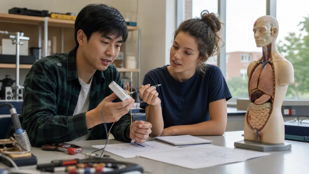 Realistic editorial photograph of students comparing biomedical engineering and medicine programmes