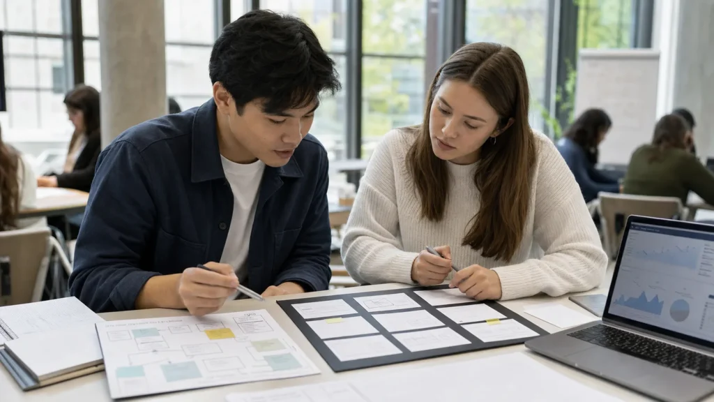 Realistic editorial photograph of students comparing business administration and digital marketing projects