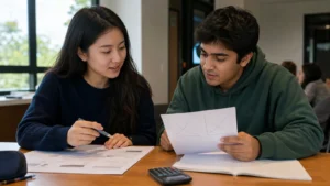 Realistic editorial photograph of students comparing business administration and economics degree routes