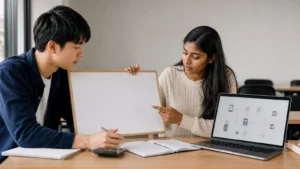 Realistic editorial photograph of students comparing business administration and financial technologies