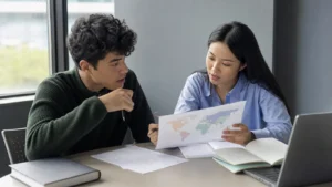 Realistic editorial photograph of students comparing business administration and international relations study