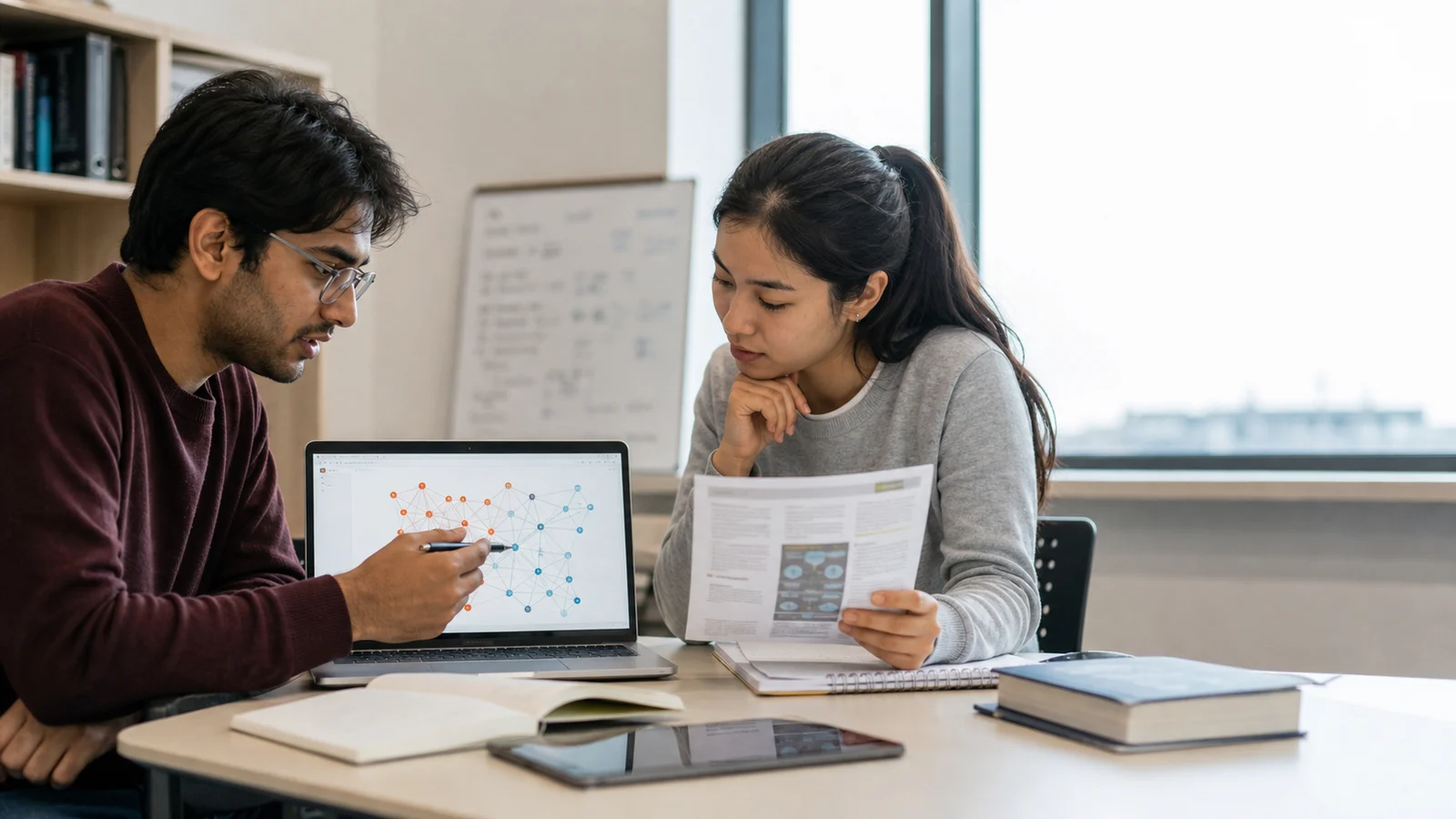 Realistic editorial photograph of business students comparing process analysis and data analytics