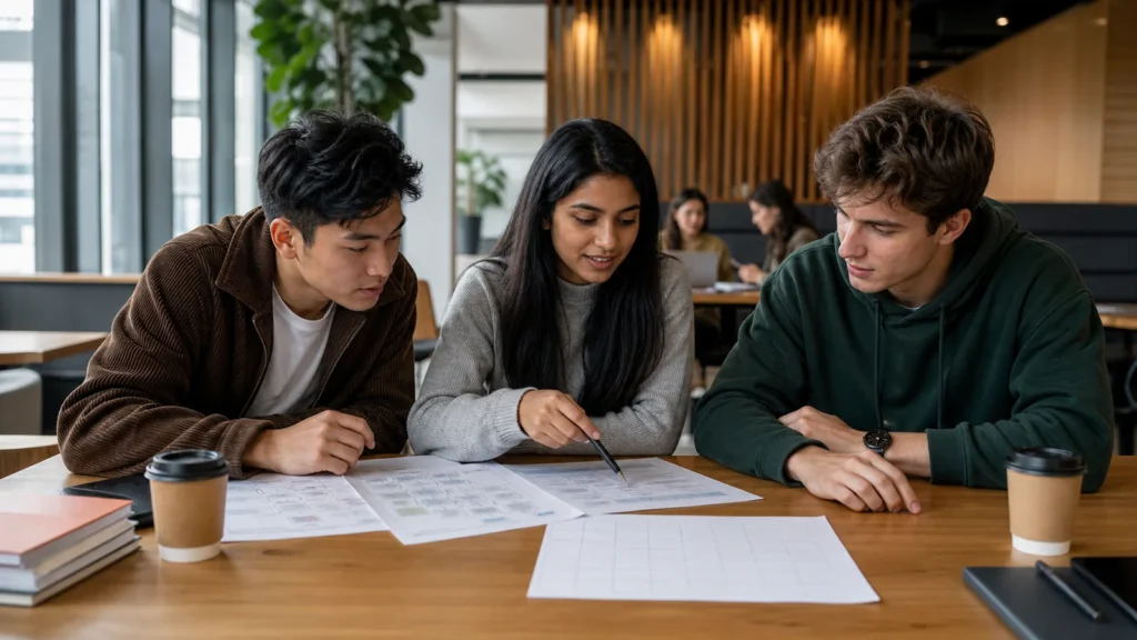 Realistic editorial photograph of international students comparing Alte University and Caucasus University study options