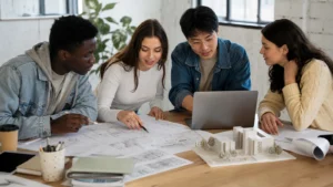 Realistic editorial photograph of international students comparing Caucasus University and Georgian Technical University study options