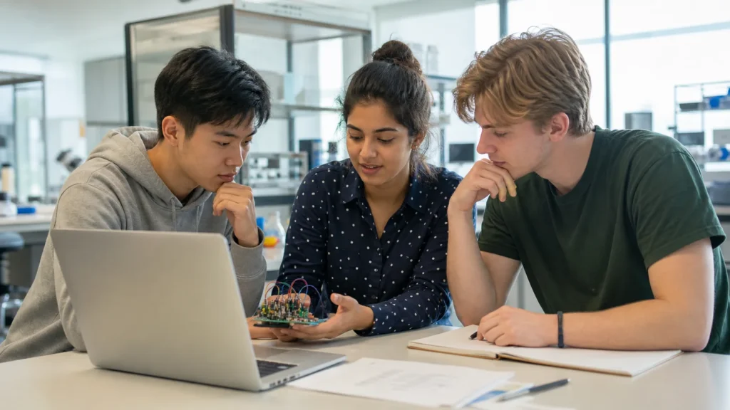 Realistic editorial photograph of international students comparing Ilia State University and Caucasus University study options